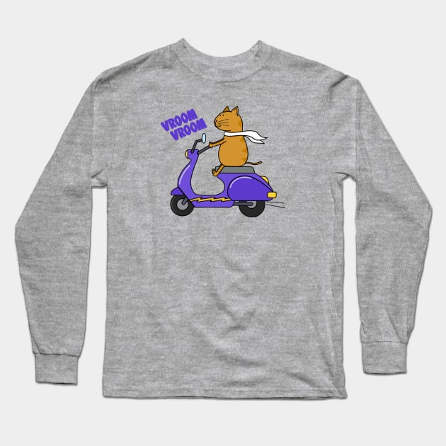 Orange cat on a scooter Long Sleeve T-Shirt by Coconut Moe Illustrations
